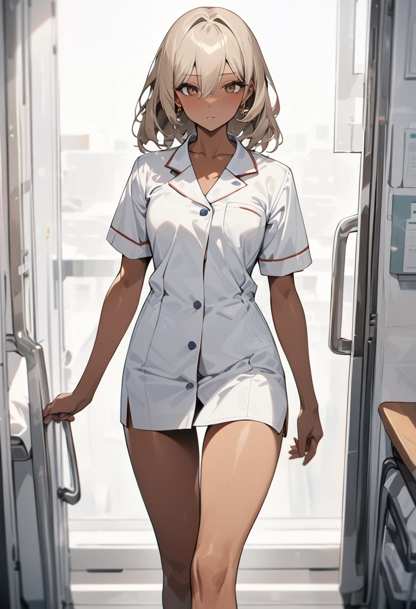 ((masterpiece), ((Highest quality)), (masterpiece,Highest quality,Official Art,Highly detailed CG Unity 8k wallpaper)、((Hourglass body type:1.3、Medium breast))、(Examination room:1.8), "A female doctor from the near future wears a highly functional uniform。Antifouling、antibacterial、Breathable、温度調節機能を持つ高性能素材で作られたクリーンなホワイトAlsoは淡いブルーのタイトフィットなラボコートを着ています。The lab coat has a slim design、Smart collar、Hidden snap buttons at cuffs、Has multiple storage pockets。下には吸湿速乾性のあるホワイトAlsoは淡いパステルカラーのシャツやブラウスを着ており、Tight fit for ease of movement、(The design emphasizes the chest area.:1.6)。The pants are tight-fitting straight pants.、Alsoは膝丈のAラインスカートで、Both are made from the same high-performance materials。For footwear, wear comfortable, supportive white or silver flats or sneakers。As an accessory、Lightweight and highly sensitive stethoscopes available in silver and pastel colors、Simple and easy to read name tag design、Waterproof smartwatch、antibacterial仕様の使い捨て手袋があります。Also、It also has pockets for storing small electronic devices and tools.。"