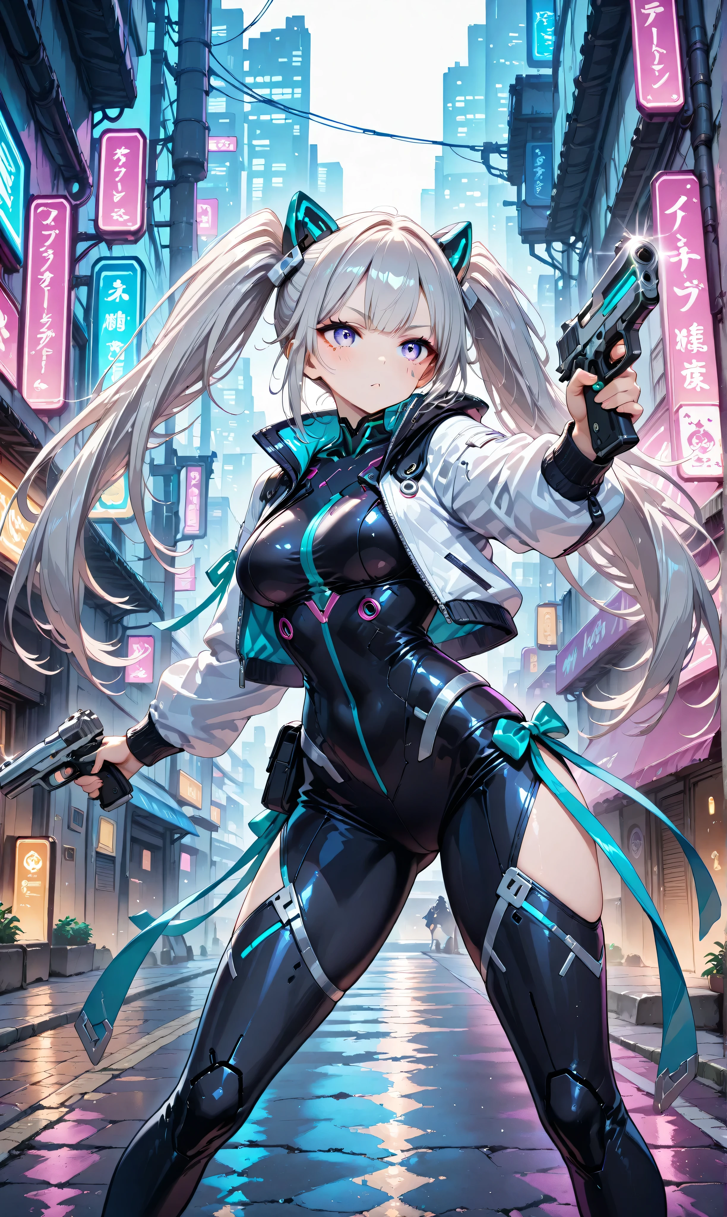 A girl with jet-black twin tails tied with ribbons, clad in a teal qipao with silver accents, wielding a pistol, opponent’s bullets surrounding her in slow motion, suspended in a neon-lit cyberpunk alley.