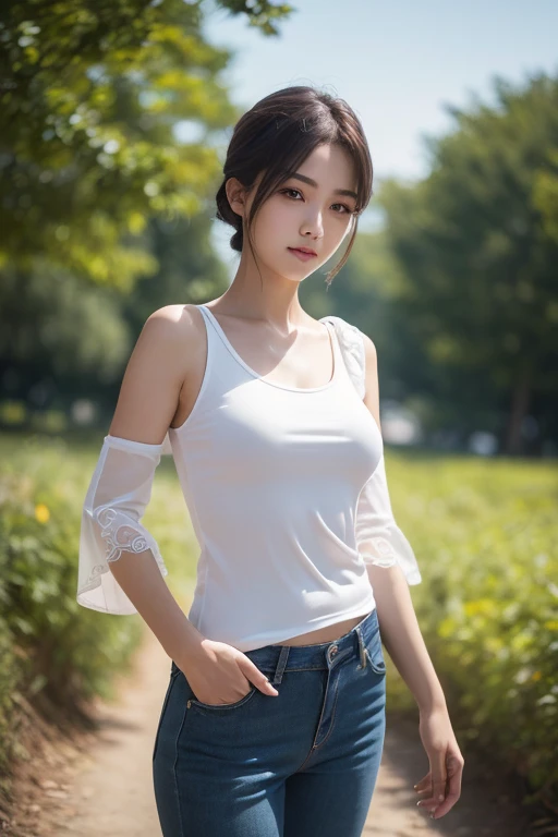 (Best quality, high resolution, Masterpiece: 1.3), a beautiful woman with a slender figure, (dark brown layered hairstyle), wearing a pendant, t-shirt, white skirt, outdoors, scenic beauty, lakes and mountains in distant background, details in face and skin texture beautifully rendered, details eyes, (best quality, high resolution, masterpiece: 1.3), a beautiful woman with a slim figure, (dark brown layered hairstyle), wearing pendant, t-shirt, white midskirt, outdoors, background random, details in face and skin texture beautifully rendered, detail eyes, double eyelids, seductive laugh, feminine laugh, seductive pose