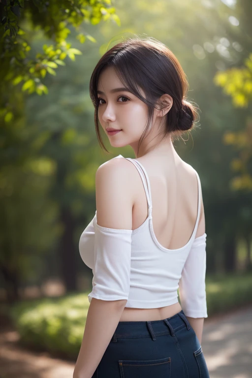 An innocent 20-year-old girl、((White tank top, Dramatic Pose)),smile,shortcut,natural Park、RAW Photos, (8k、highest quality、masterpiece:1.2)、(Intricate details:1.4)、(Photorealistic:1.4)、Octane Rendering、Complex 3D rendering with ultra-detail, Studio Soft Light, Rim Light, Vivid details, Super Detail, Realistic skin texture, Detailed aspect, Beautiful details in the eyes, Highly detailed CG Unity 16k wallpaper, compensate, (Detailed Background:1.2), Glowing Skin, whole body、Cleavage,((Standing with hands behind back、Leaning forward、Angle from above))