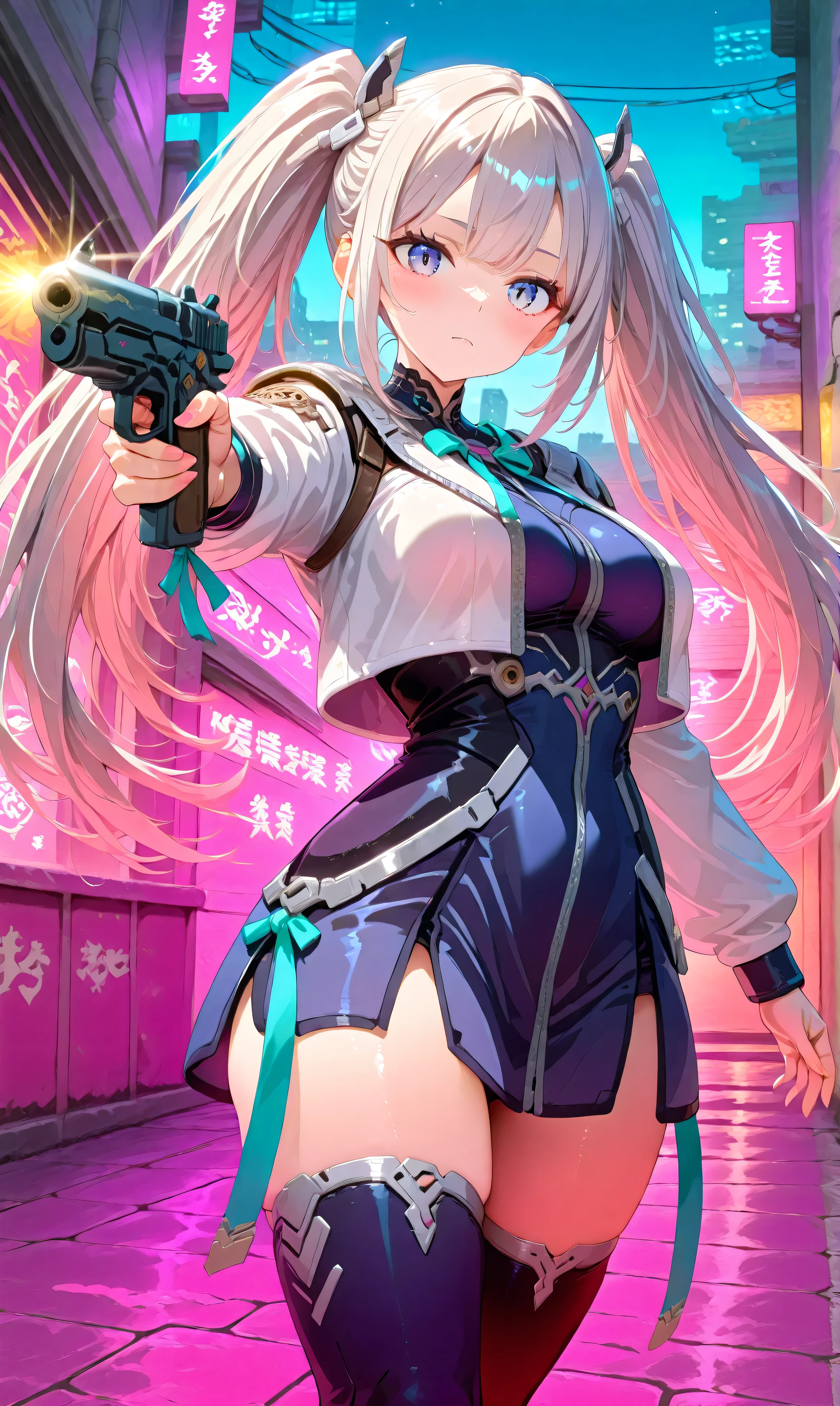 The handgun is shown without the enemy's face、cover her with a machine gun、((Large、Bullets surround her:1.3))、A girl with jet-black twin tails tied with ribbons, clad in a teal qipao with silver accents, wielding a pistol, opponent’s bullets surrounding her in slow motion, suspended in a neon-lit cyberpunk alley.
