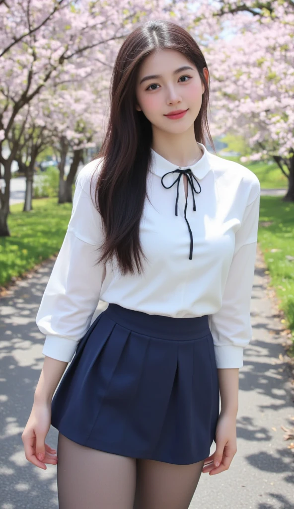 (masterpiece:1.2, best quality), (realistic pictures), beautiful illustration, ( natural side lighting , Cinema Lighting),(1 girl), Japanese,  20-year-old female, perfect face,  symmetrical cute face, Glowing Skins, black hair、 straight long hair、 flowing bangs 、dark blue eyes, (:1.2), slender figure、beautiful hair, beautiful face,  thin and beautiful eyes, beautiful body, beautiful ,( white collared shirt、black ribbon、Navy Blue Pleated Skirt、black tights)、smile、blanking of experiences、cherry blossoms、spring、riverside road 、birdie、stand、river