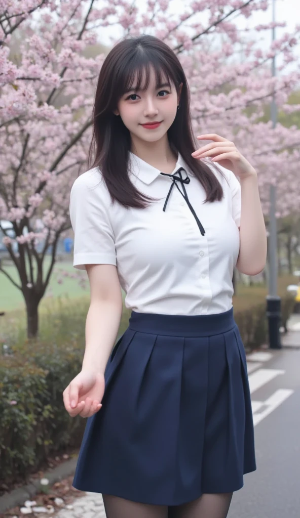 (masterpiece:1.2, best quality), (realistic pictures), beautiful illustration, ( natural side lighting , Cinema Lighting),(1 girl), Japanese,  20-year-old female, perfect face,  symmetrical cute face, Glowing Skins, black hair、 straight long hair、 flowing bangs 、dark blue eyes, (:1.2), slender figure、beautiful hair, beautiful face,  thin and beautiful eyes, beautiful body, beautiful ,( white collared shirt、black ribbon、Navy Blue Pleated Skirt、black tights)、smile、blanking of experiences、cherry blossoms、spring、riverside road 、birdie、stand、river