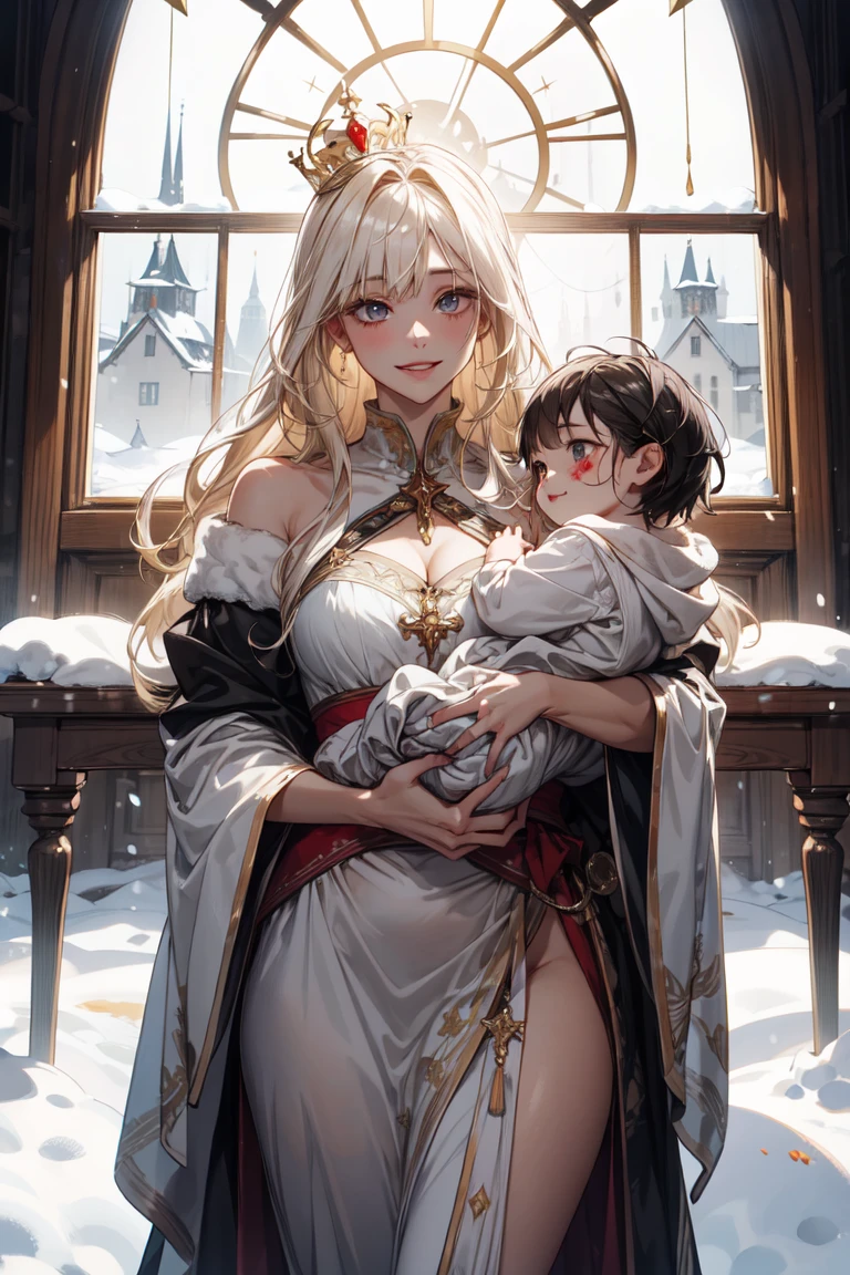 A 17y.o pale-skinned girl with white hair and heterochromia eyes (the left one is red with bloody tear and the right one is light gray with frozen tear) she looks sad and holding a bunch of baby breath