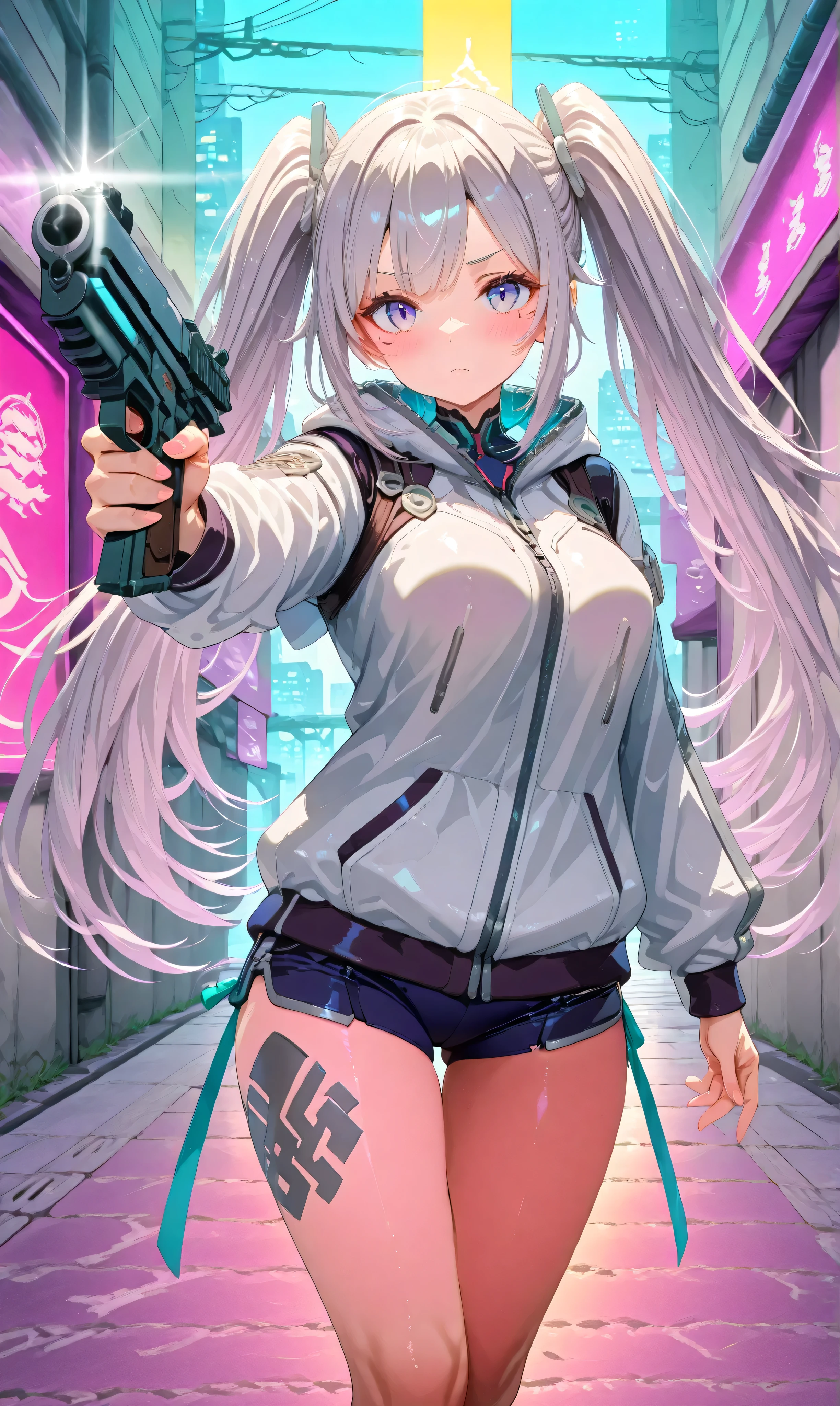 The handgun is shown without the enemy's face、cover her with a machine gun、((Large、Bullets surround her:1.3))、A girl with jet-black twin tails tied with ribbons, clad in a teal qipao with silver accents, wielding a pistol, opponent’s bullets surrounding her in slow motion, suspended in a neon-lit cyberpunk alley.