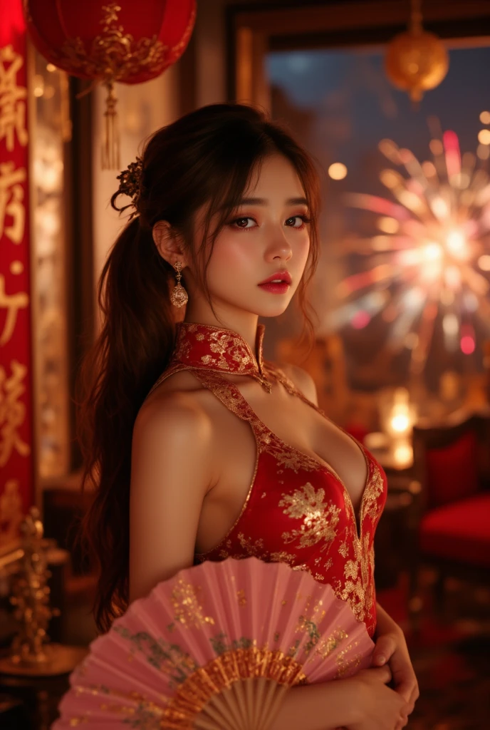 "Show Gwen in her Lunar New Year skin from League of Legends by Riot Games, no having clothes,adorned in a festive, red and gold outfit with intricate designs and her ornate scissors, have massive k-cups, in a bustling, colorful festival with lanterns and fireworks lighting up the night sky."