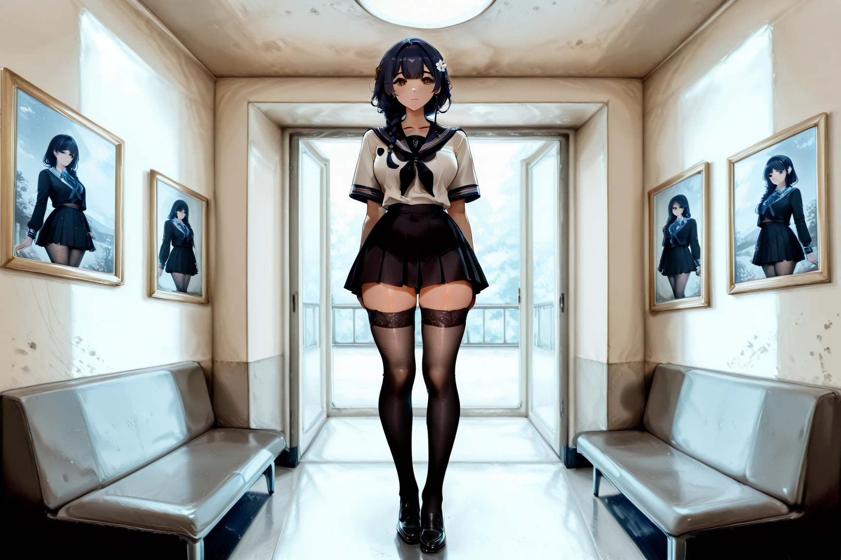 wide shot,masterpiece,
1girl,a beautiful gallant girl ,
she is 20th generation, with brown eyes, braid half up dark blue hair with flower hair accesary, wearing a high school uniform and skirt, wearing a black lace panty,and wearing  thighhighs socks,
((showing the definition of her thighs,anatomically correct,correct human body structure,fullbody)),textured skin,
(((fullbody))),
((ruanyi0708,indoors)),((JK)),dancing
