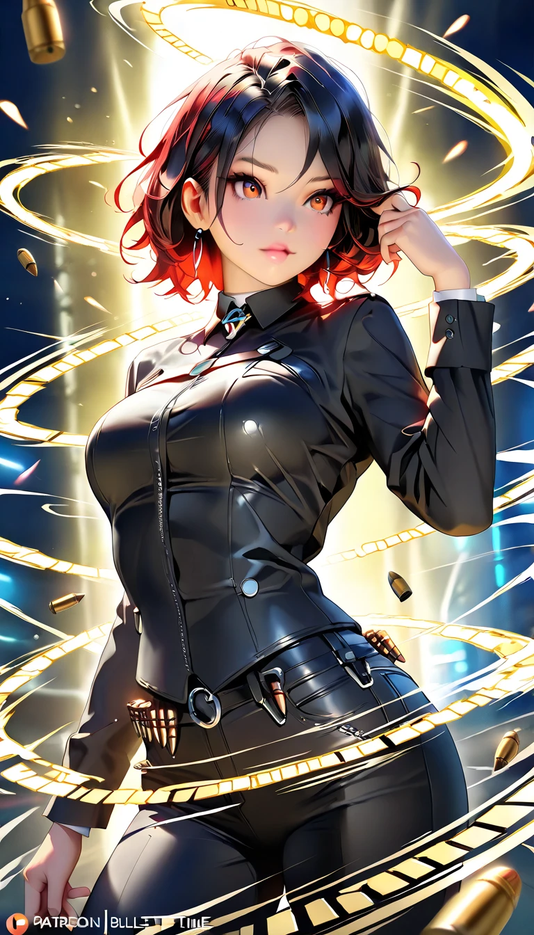 {{masterpiece}}, best quality, extremely detailed CG unity 8k wallpaper, cinematic lighting, lens flare, beautiful detail eyes, black,  side glance,  multicolor short red hair, colorful light, particles, heterochromia, (colorful:1.5), (colorful hair:1.5), no bra, no panties, hairy vagina