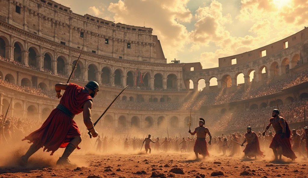 gladiator from the side, in a crowded colosseum, rome, victrory, ,gladiator_style, illustration,exterm detailed, painting, detailed background,