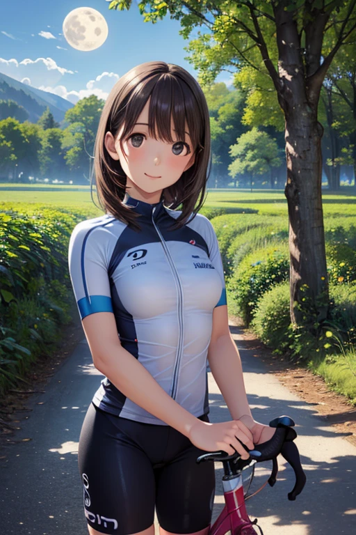 ( Bike: 1.5), (realistic  Bike: 1.5), (REAL CYCLISTS : 1.5),  cyclist returns to foreground, Lo-fi landscape, nature,  moon, forest,    , undergrowth,  landscape background ,  Shadow, Contrast, Makoto Shinkai (best quality:1.3), (high resolution:1)  Studio Ghibli style art, Brilliant Color, Impressionistic,Anegasaki Nene, shiny brown hair,  smiling face,  (fine grain), ,, (masterpiece:1.2, best quality), ((only1 girl)), cowboy shot,
