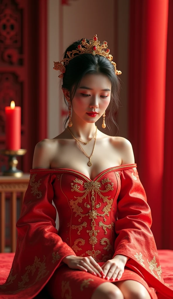 best qualtiy，tmasterpiece，A high resolution，1girll，Red floral nightdress，Red nightdress，Nightdress，hair adornments，choker necklace，jewely，beautiful  face，Red high-gloss lipstick，Physically，Dingdall effect，realisticlying，Dark Studio，edge lit，twotonelighting，（highdetailskin：1.2），8K  UHD， Digital SLR, softlighting, high high quality, volumettic light, sneak shot, photore, A high resolution, 4K, 8K, Background bokeh,