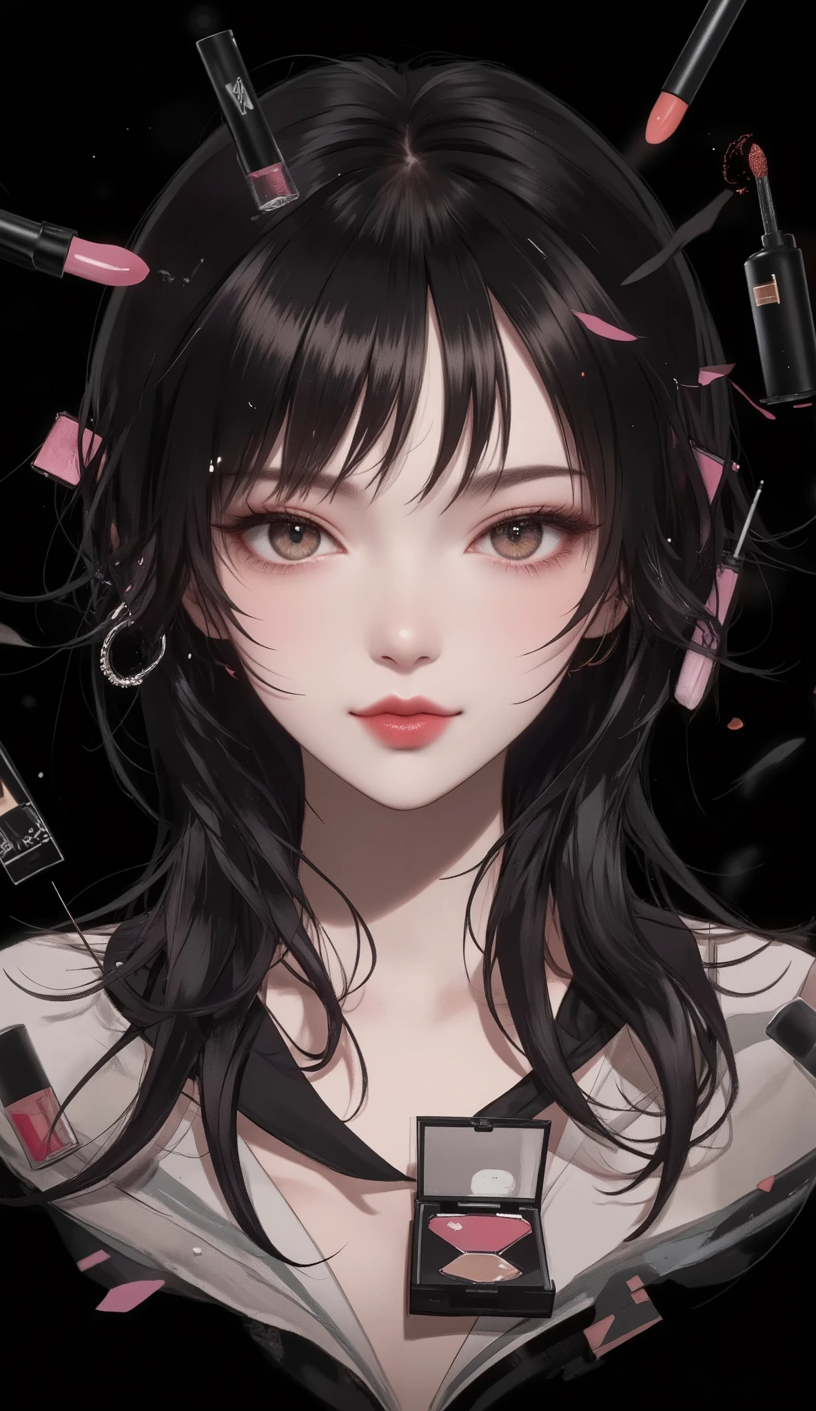 masterpiece, best quality, ultra resolution, PERFECT ANATOMY, young woman, detailed face and eyes, Rin々expression、Jet Black Hair、 red lips、I have red lipstick、Stylish cosmetics are scattered without gaps on a black background、absurd、metaphysics 、head shot