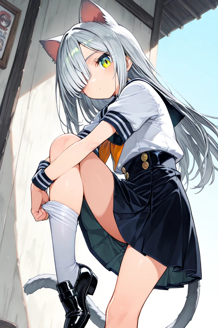 A girl, with gray hair,long thick twintails hair,emerald eyes,sailor suit