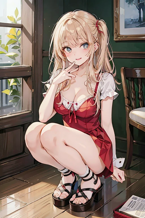 beste-Qualit、One girl、a blond、Longhaire、Red eyes、Pink blush color under the eyes:1.3、radiant eyes、light-skinned、a smile、Small face、Red dress:1.5、Dressing up to bite、Short skirt:1.4、巨乳、Emphasis on the chest:1.3、beauty legs、nights、Private、Sit on a leather sofa、View here、Angle from diagonally above、Background blur