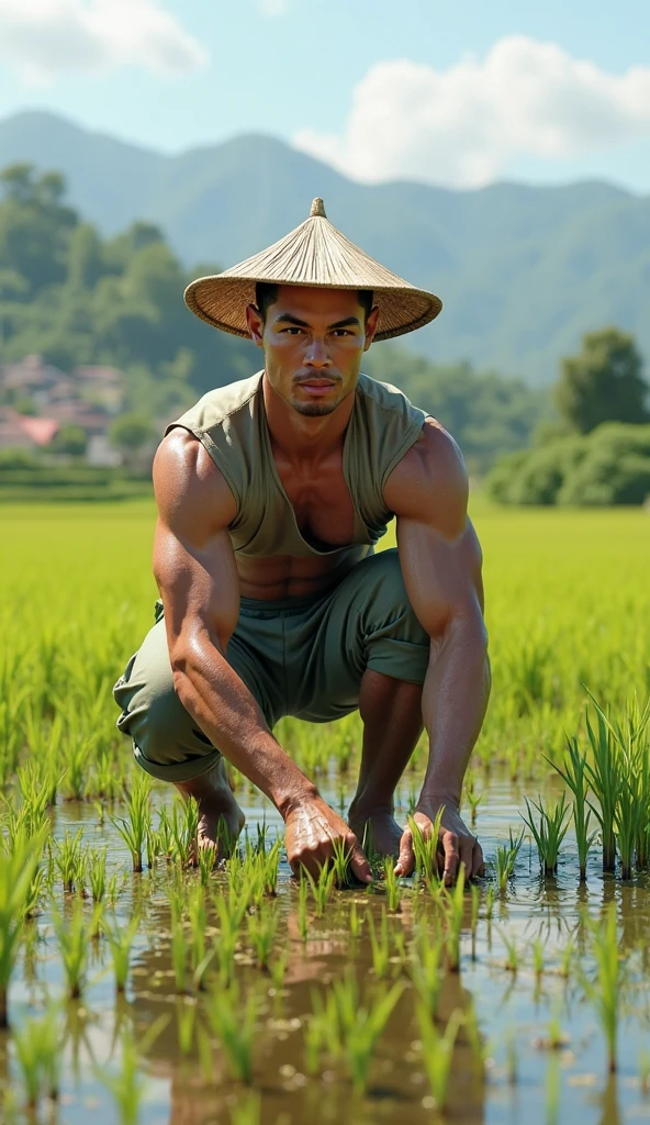 3D realistic photo, A skinny farmer pulls a rope held by a large man covered in mud in the middle of a green rice field, with a backdrop of rice fields and other farmers at work."