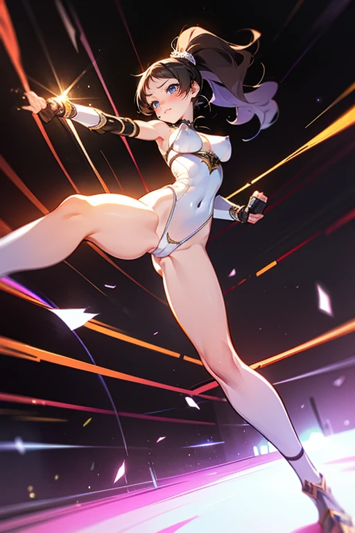 {{{Y balance}}}, {{leg grab}}, {{{one leg up}}}, pussy, vaginal, sex, 1boy, penis, cum,((Full body standing picture))、{{{NSFW law}}}、((masutepiece)), ((Best Quality)), (GameCG), ((A sexy)), (Ero), comic book, Live performance venue, a beauty girl, 1girl in, Solo, robot suit(beautiful pink hair on white color, beautiful blue eyes beautiful eyes)), Long hair,beauty breast, wearing underpants, (Leotard), gloves, Hair ornaments, horseshoe-shaped hairband, blush, Ahegao, steam effect,(High legsuits) ,Dig into the crotch、Inter-strands、nipples stand、There are green feather decorations on the left and right sides of the head.。.。.。.。.。、Transformation Heroine、Thigh-high boots that look like high heels、((The fabric of the costume is thin and your skin is transparent.))、Wet and see-through、perspiring