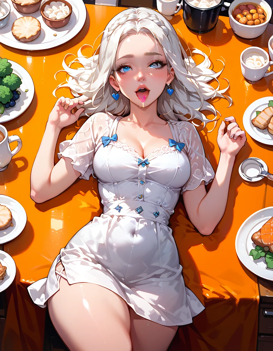 A poor blonde foreign wife slurping on instant noodles in a messy trash house
