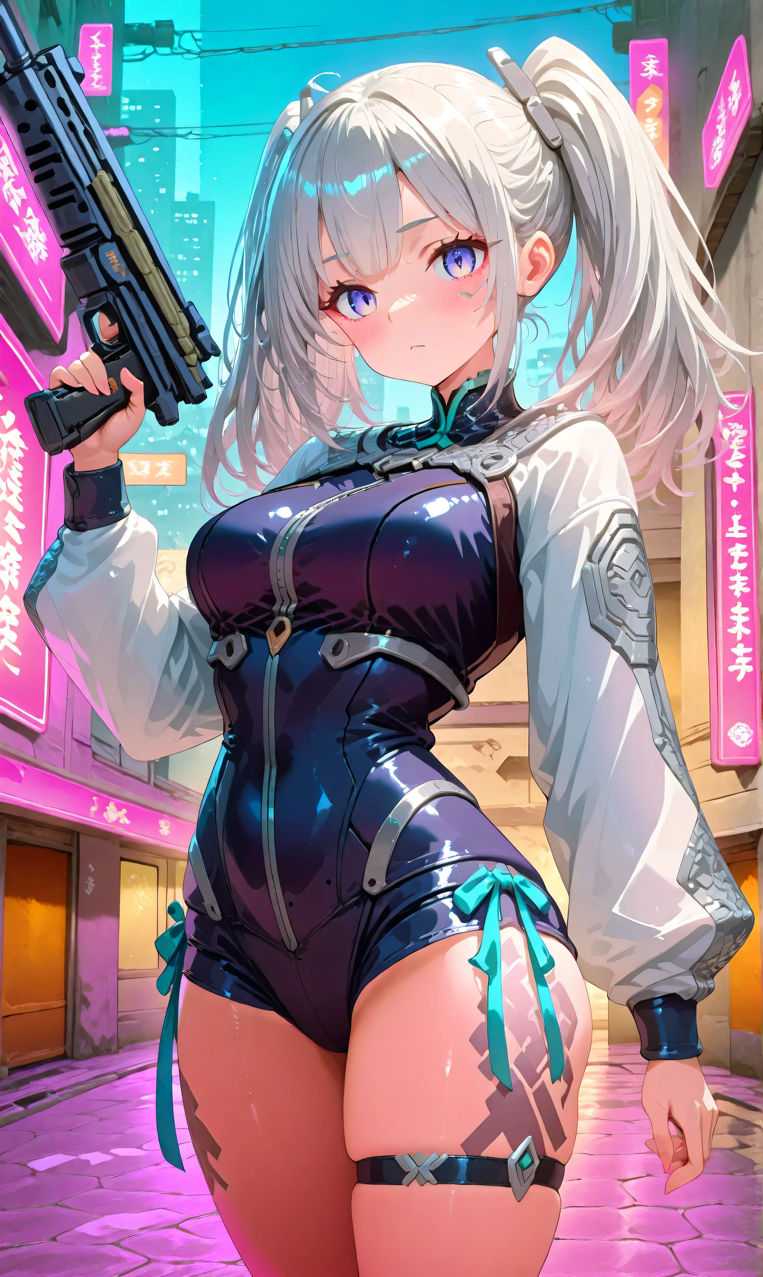 (fondo de pantalla CG 8k extremadamente detallado:1.1),High resolution, Piel corporal detallada, contraste, Color, Sombras, Fondo de la calle,1girl,Ahora,cabello largo, twintails, flequillo, pendiente, joyas, cabello plateado, (ojos morados),manos en las caderas,desnudo,pecho grande,Curvaceous Body
