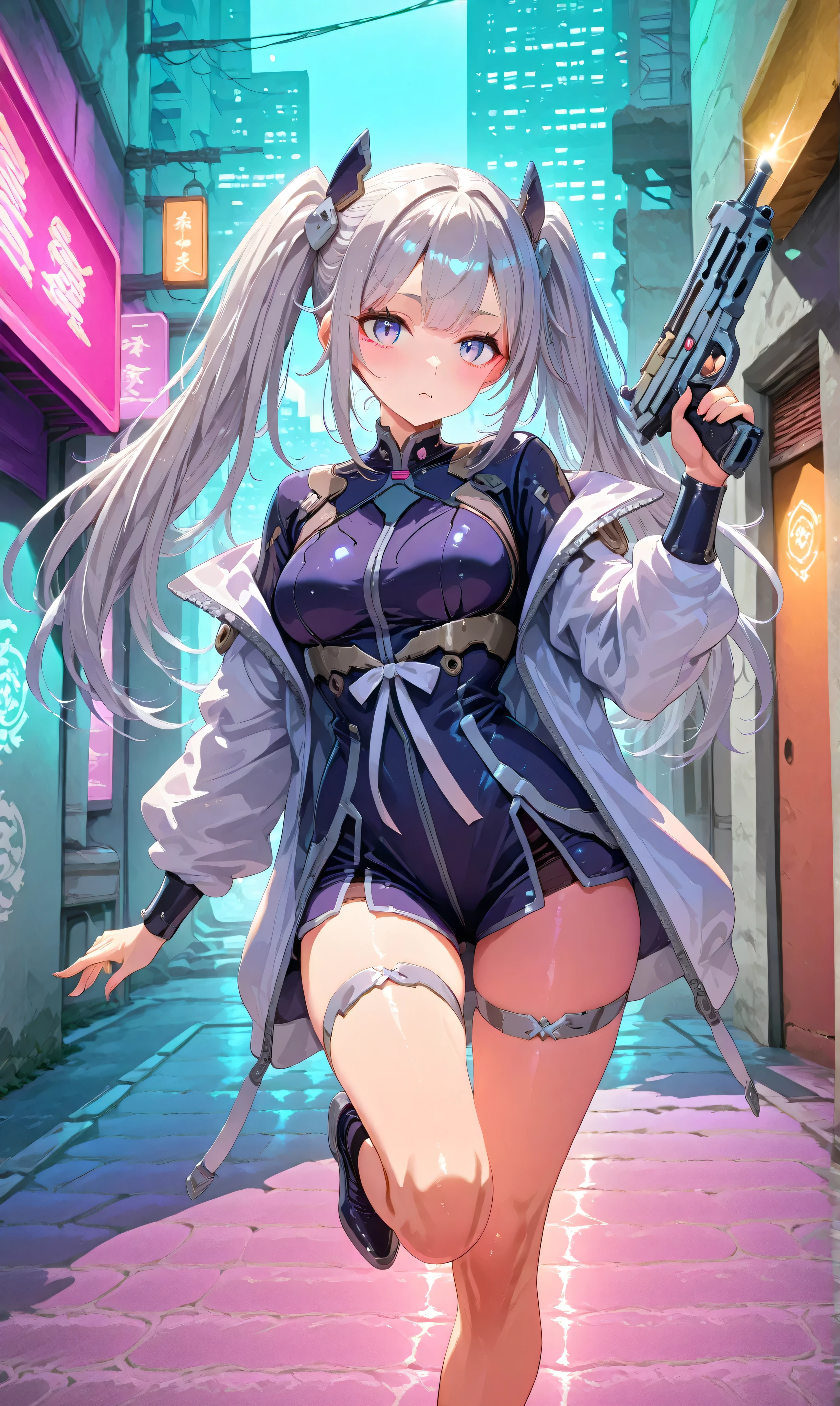 The handgun is shown without the enemy's face、cover her with a machine gun、((Large、Bullets surround her:1.3))、A girl with jet-black twin tails tied with ribbons, clad in a teal qipao with silver accents, wielding a pistol, opponent’s bullets surrounding her in slow motion, suspended in a neon-lit cyberpunk alley.
