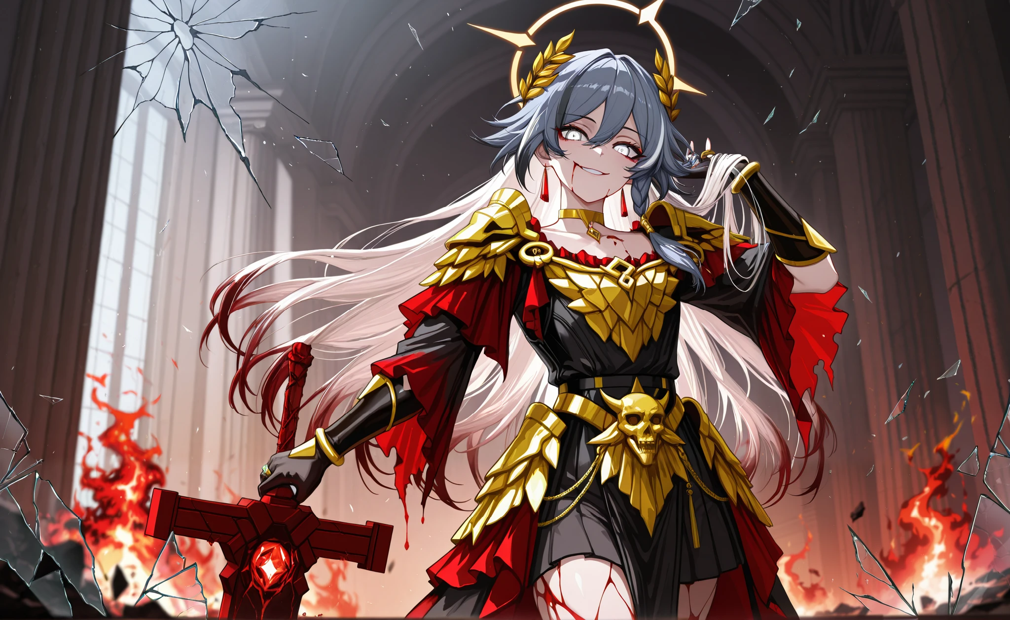 by [|inoitoh||arknights],
1girl, solo, (FuHua, Fol005, Fh_Hos:0.66), (cowboy shot focus, cowboy shot:1.2), walking towards viewer, hand on her hair, arrogant laugh,fu hua, white and gold toga, gray hair, white hair braided hair, multicolored hair, white eyes, ring eyes, broken halo, greco-roman clothes, ancient greek clothes, gold choker, laurel crown, magic, arkane_dark, shattered body, (shattered glass, broken glass, demonic blood and clothes,  ark demonic aesthetic, corruption, cursed degraded armor burning:1.4), french royalty, french princess, french aristocrat,
looking at viewer, greco-roman architecture, massive overwhelming blood magic, cursed by gods, smirk, sinister, turned body, pulling a red bleeding greatsword out of a portal, aggressive aura, burning floor,
(best quality, amazing quality, very aesthetic, high resolution, newest, hyper-detailed:0.78)
 
