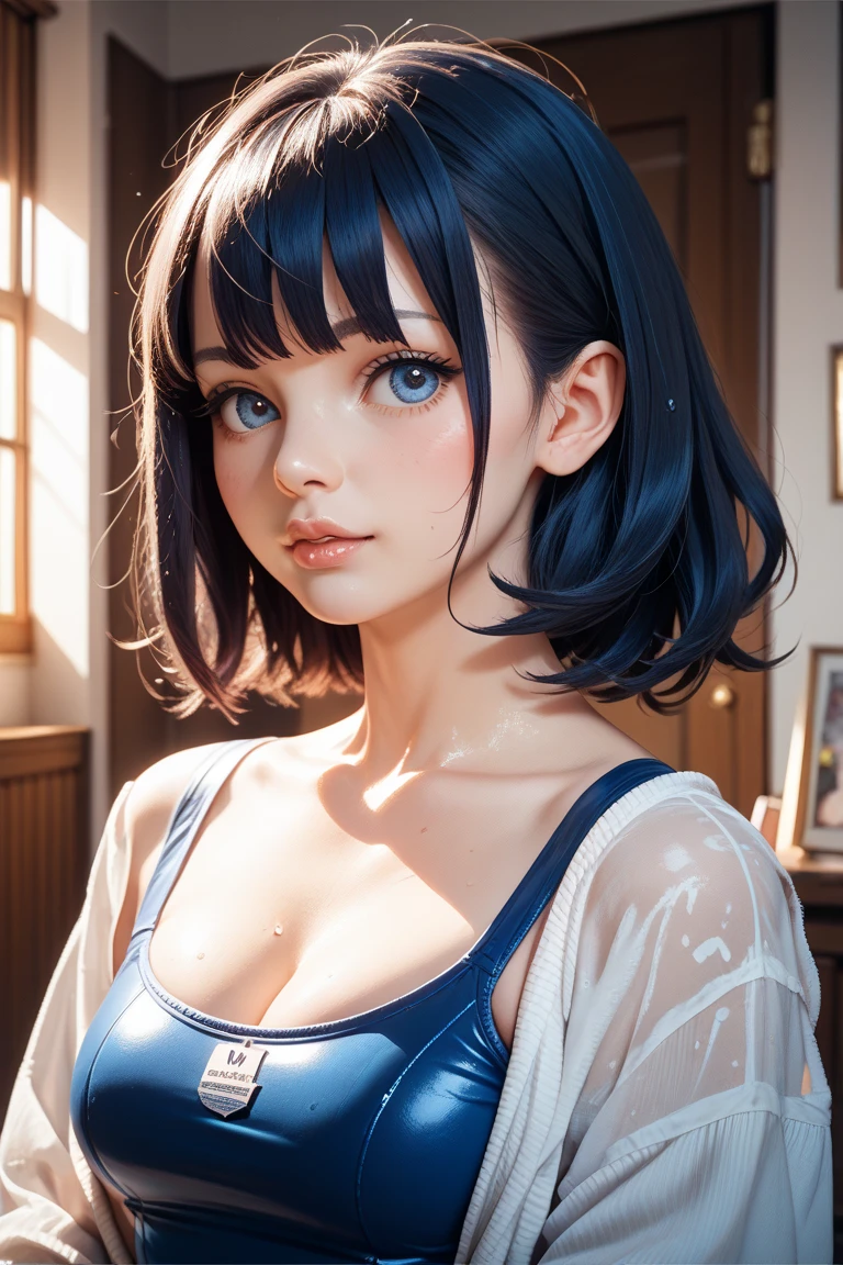 masterpiece:1.2, best quality), (1 lady, alone, Upper body:1.2), clothing: light blue home clothes: Hairpins hair: Dark blue shoulder-length short hair makeup: Nature, glowing skin, Behavior: easy, carefree, Unrestrained, smile place: Lying in bed, blue eyes, very huge breasts