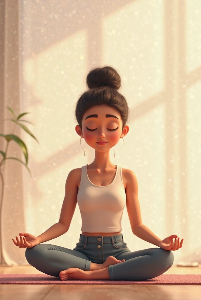 masterpiece, beautiful 30 years old woman, brown bun hair, yoga clothings, on a livingroom, eyes closed, sitting on a sofa, with spread legs, ((sweathing)), earings, light makeup, cameltoe,<lora:add_detail:1>