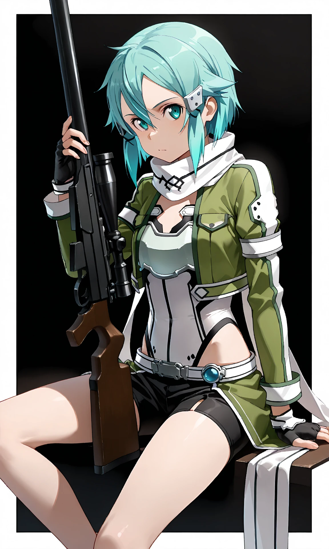 masterpiece, best quality, high resolution, 1girl, sinon1, scarf, fingerless gloves, long sleeves, short shorts, hair ornament, hair clip, green socks, green jacket, thigh strap, cowboy shot, holding gun , sniper rifle, ruins, sitting, hand holding boobs, huge boobs, embarrassed