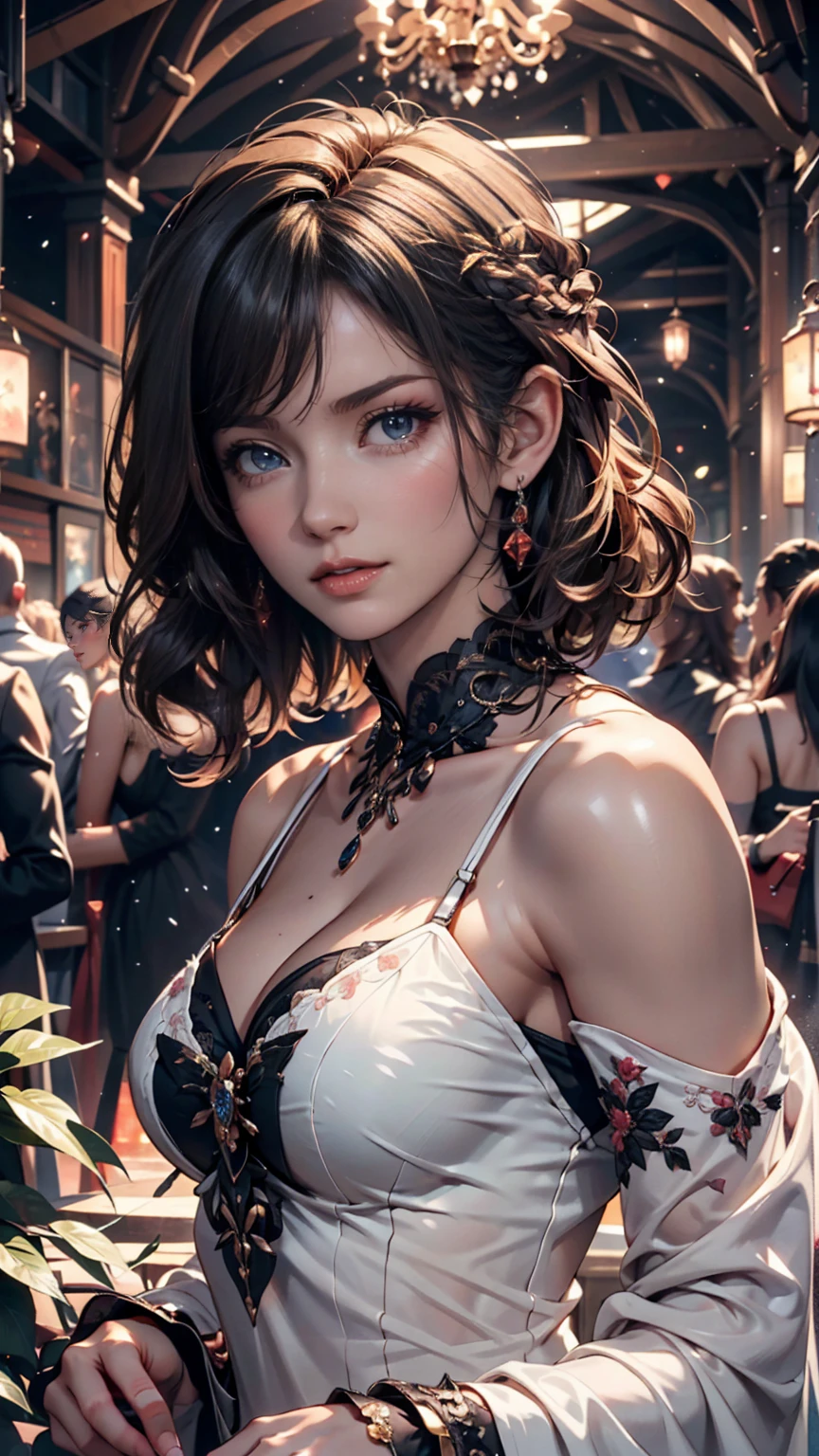 masterpiece, 最high quality, high quality, Very detailed CG uniform 8k wallpaper, One person, alone, Blue Hair, tattoo, short hair, Have, jewelry, smile, necklace, Looking at the audience, Have, Realistic, Upper Body, Best, nose, Exposing shoulders, artist name, Black tiara, clavicle, arm tattoo, blue eyes, lips, Blurry, oil, Award-winning photography, Bokeh, Depth of written boundary, High resolution, bloom, chromatic aberration, realism, Very detailed, artステーション 複雑, Attention to detail, dramatic, art:midjourney