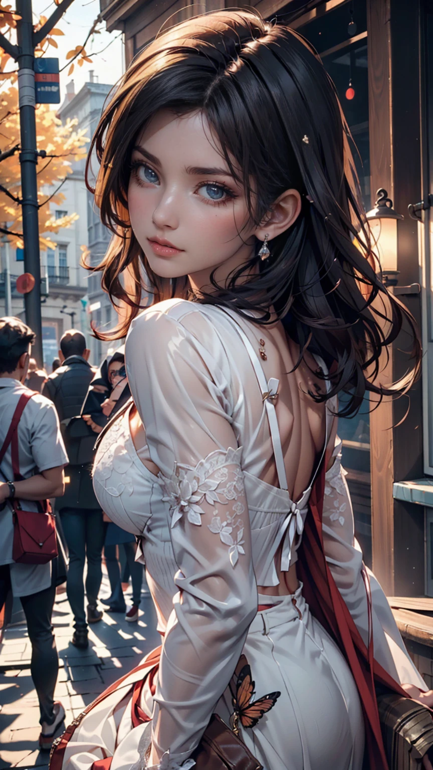 （（best qualtiy））， （（tmasterpiece））， （detail：1.4）， Beautiful cyberpunk female images，hdr（HighDynamicRange），Ray traching，NVIDIA RTX，Hyper-Resolution，illusory 5，sub surface scattering，PBR textures，post-proces，Anisotropy Filtering，depth of fields，maximum definition and sharpness，Many-Layer Textures，Albedo e mapas Speculares，Surface coloring，Mitsu-Accurate simulation of material interactions，perfectly proportioned，rendering by octane，Two-colored light，largeaperture，Low ISO，White balance，Rule three points、8K raw data、Beautiful bright blue pupils，off-the-shoulder clothes，Fine pupils，Delicate face and eyes，long eyelasher，Blushlush，Delicate and fluffy hair，pink lip，Pure，Cute face，Sweet girl，Artistic sense，Casual wear，Advancedsense，butterflys，Cherry blossom petal，Beautiful hair accessories，Long hair and waist，Hair fluttering in the wind，wedding gown，curlies