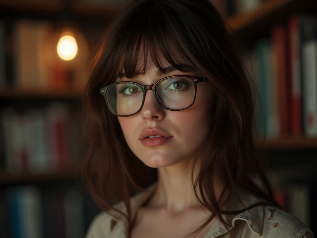 
((1woman, female, solo, portrait, close up, dark brown chestnut hair, dark green eyes, gentle, , using glasses, secretary, gentle, shy, young, 24 years old)office background, curious expression) (Masterpiece, super detailed, 8K, (High-Definition, Sunlight:0.5, Soft_Shadows:0.5, Atmospheric_lighting, 8k, 4k, hyper-realistic, elegant, ((((cinematic appearance)))), soft tones, soft cinematic lights))