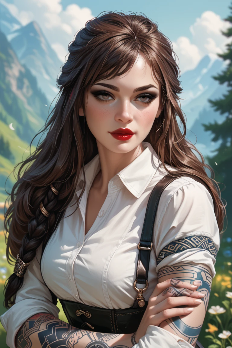 a beautiful 24yo female,  pokimane,
american,
(hand behind head),
open robe,
confident,
braided streaked hair,
((full body)), perfect eyes,
(mountain background),

(photorealistic), hyperrealism,    highly detailed,   concept art,   absurd res,  backlighting,   colorful,  concept art,  smooth, sharp focus, illustration, award-winning,  8K, hq, hrd,  art by greg rutkowski,  art by wlop