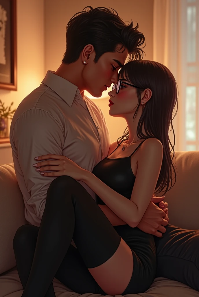 A young Asian-Chinese woman with glasses, long hair, an oval face, and large breasts lay on her back on the bed, looking at the bald young man kneeling at the end of the bed, pulling her skirt down to her feet. Her body was only wearing thin, see-through, cream-colored underwear. The young man tucked his face into her belly near her navel, lowering his head to her underwear. Finally, both of them were completely naked. The man held the woman's legs apart, his head lowering down to kiss her lower half, right at her underwear.