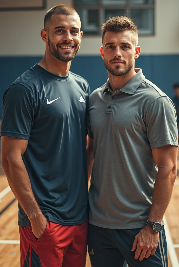 2 men, photo realistic. A lean, tall, athletic 22-year-old handsome Caucasian man, with fade-cut brown hair, and blue eyes, wearing an orange tank top with a black stripe, and black athletic shorts, passionately kissing an athletic 21-year-old handsome Middle Eastern man, with short, fade-cut brown hair, and brown eyes, wearing a slate tank top, and gray athletic shorts, on a sports field, at dusk. They are grabbing each other's hard, bulging cocks. Sexy, romantic, masculine.