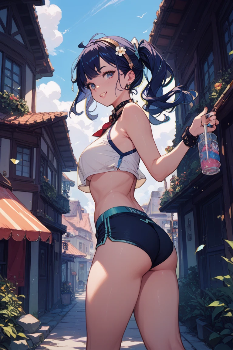 (perky chest:1.2), (pointed chest:1.2),(((Black Tunic:1.3))),(((cakes and bread in the basket),Cute and beautiful girl,masterpiece、highest quality、Very detailed、Beautiful fine details、One Girl、Detailed landscape、Training gym Room Background:1.4、Braided Ponytail、Red camisole、((B cup breasts, Tank top showing underboob:1.3)), black jacket, thigh strap, bangs, necktie, earrings, nail polish, fishnet pantyhose, multicolored hair, looking at viewer, full body, bottle, own hands together, belt, food, animal on head, black necktie, ring, choker, english text paper:1.2, collared shirt, blue eyes, platform boots, hat,lace-up boots ,