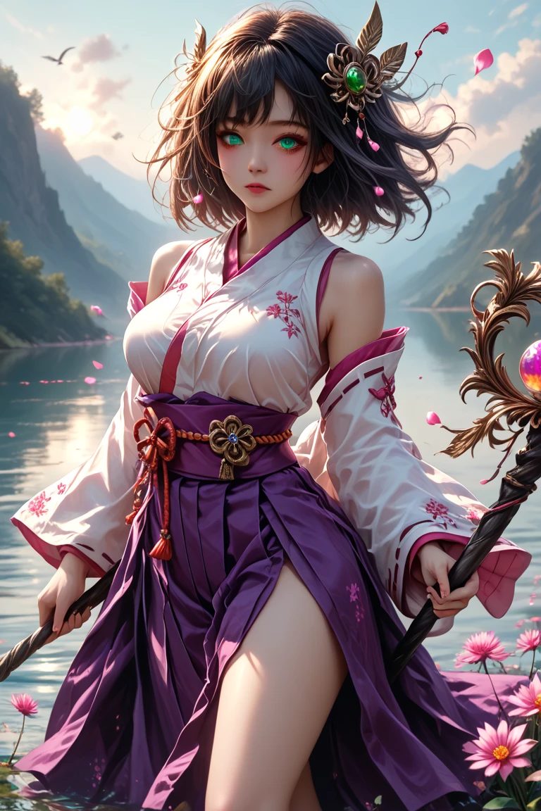 Hair ties, folder, Long eyelashes, Round eyes, A light smile, Ear brush, teeth, Surrealism, Cast a Shadow, Anaglyph, Stereogram, tachi-e, throw, Atmospheric perspective, 8K, Super detailed, Accurate, Highest quality,girl,((Yae Miko in Genshin,Genshin Impact)), Cherry blossom petals surround her, Best Anime,桜の木の前で剣を持っている長い髪のアニメのgirl, anime art wallpaper 4k,A little bit of side boob is visible、White Shrine Maiden Costume