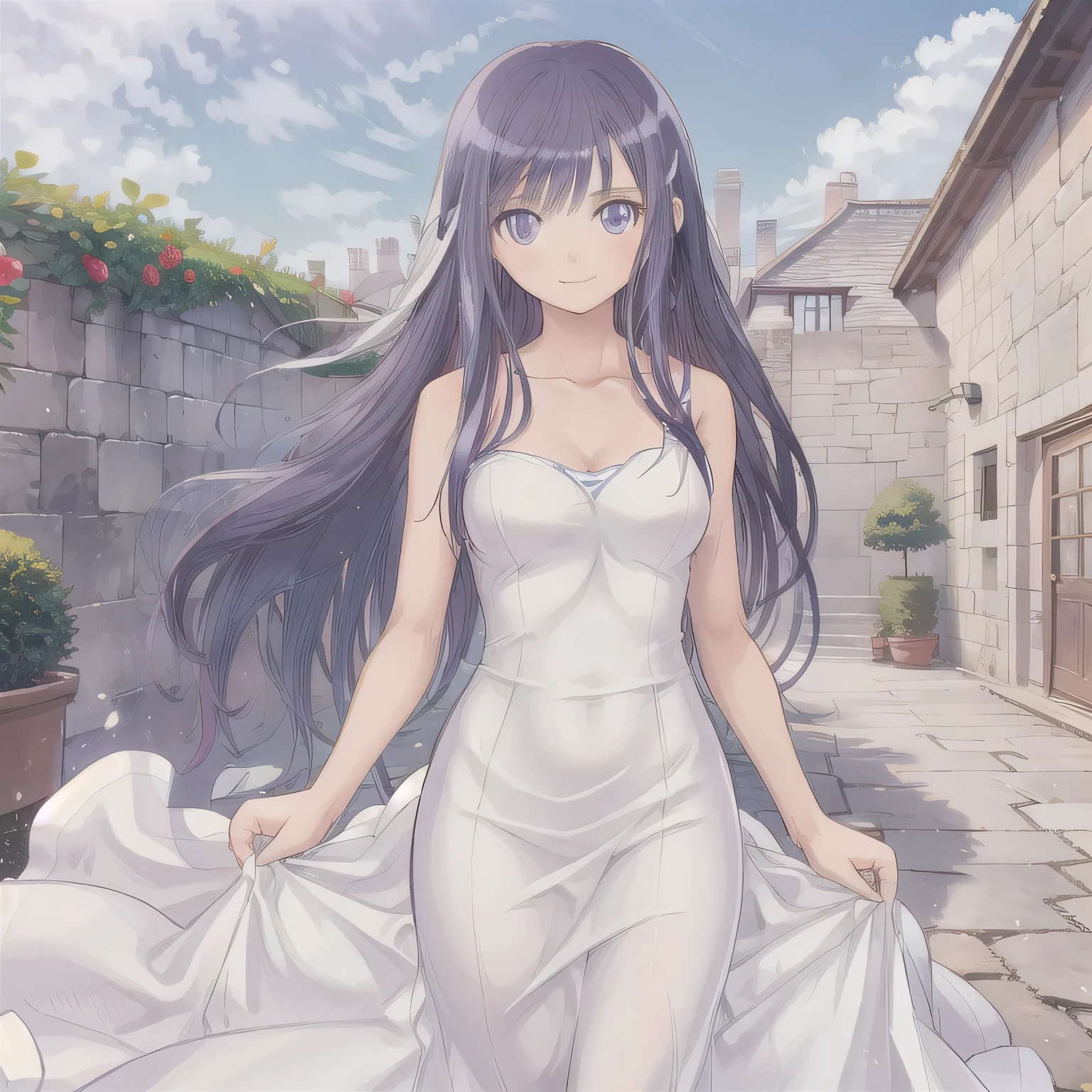 A breathtakingly beautiful 20-year-old woman stands in the courtyard of a luxurious mansion beneath a clear blue sky. She wears a white and blue wedding dress, holding a red bouquet gracefully in front of her chest. Her radiant smile and joyful expression exude pure happiness. Purple hair, long hair, purple eyes.