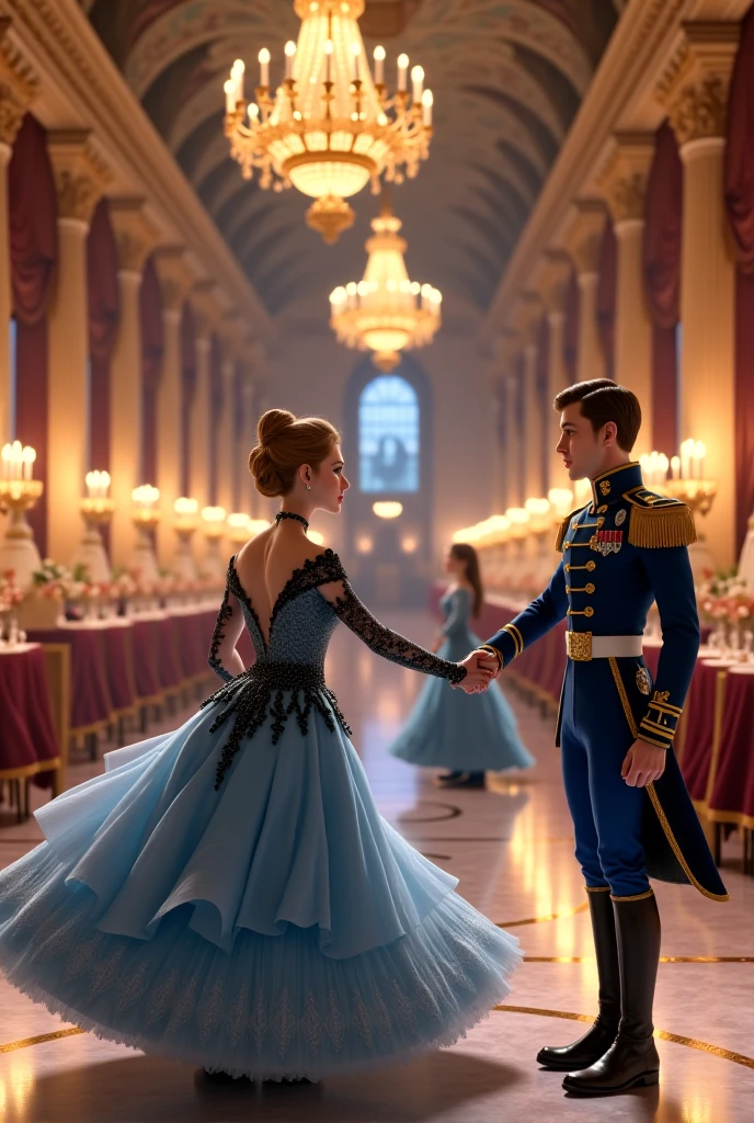 Create a highly detailed illustration of a couple at a period romance ball. A mulher deve estar usando um vestido rosa deslumbrante, com uma saia longa e volumosa, detalhes de renda delicada e uma cintura bem marcada. O vestido deve ter mangas bufantes e um decote elegante. Ela deve ter cabelos castanhos, presos em cachos suaves e adornados com uma tiara delicada.
The man must have been wearing a military suit of the army of the time, with a navy blue coat and gold buttons, black pants and leather boots. Ele deve ter cabelos castanhos curtos, com costeletas e um bigode bem aparados. He must be wearing a military hat complementary to the uniform.
The couple should be holding hands, com os olhares fixos um no outro. They should be in a richly decorated ballroom, com candelabros de cristal, espelhos dourados nas paredes e um piso de madeira polida. Ao fundo, There must be other couples dancing and musicians playing on an elevated stage.
Be sure to include all the little details that make the illustration authentic, like jewelry, luvas, Details on shoes and passionate facial expressions. Lighting should be soft, with candle lights creating a romantic atmosphere.