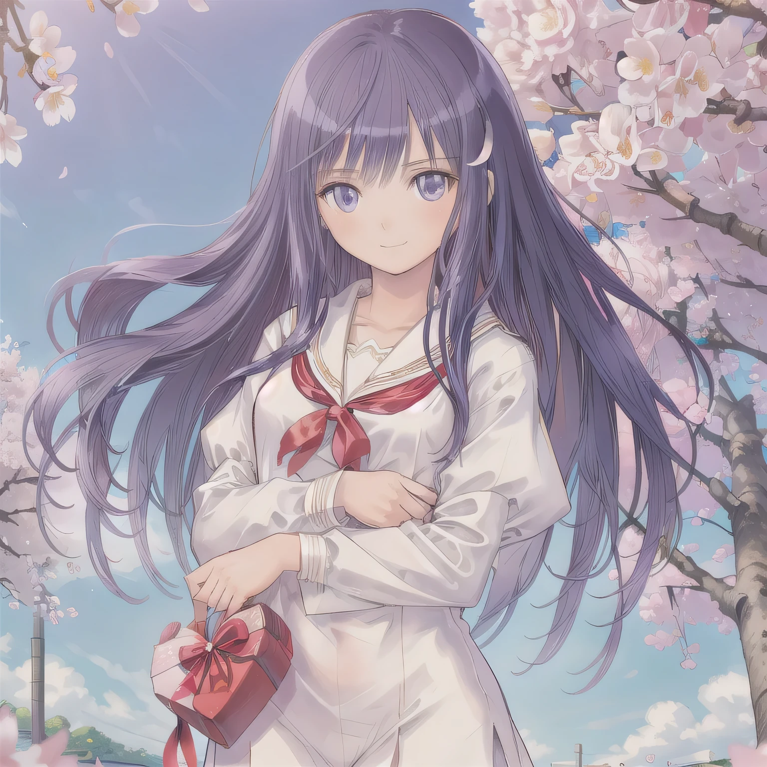A breathtakingly beautiful 20-year-old woman stands in a lush park filled with cherry blossoms in full bloom beneath a clear blue sky. She wears a classic sailor uniform and gently holds a small, neatly wrapped gift box adorned with a red ribbon. Her radiant smile and joyful expression convey heartfelt happiness. Purple hair, long hair, purple eyes.
