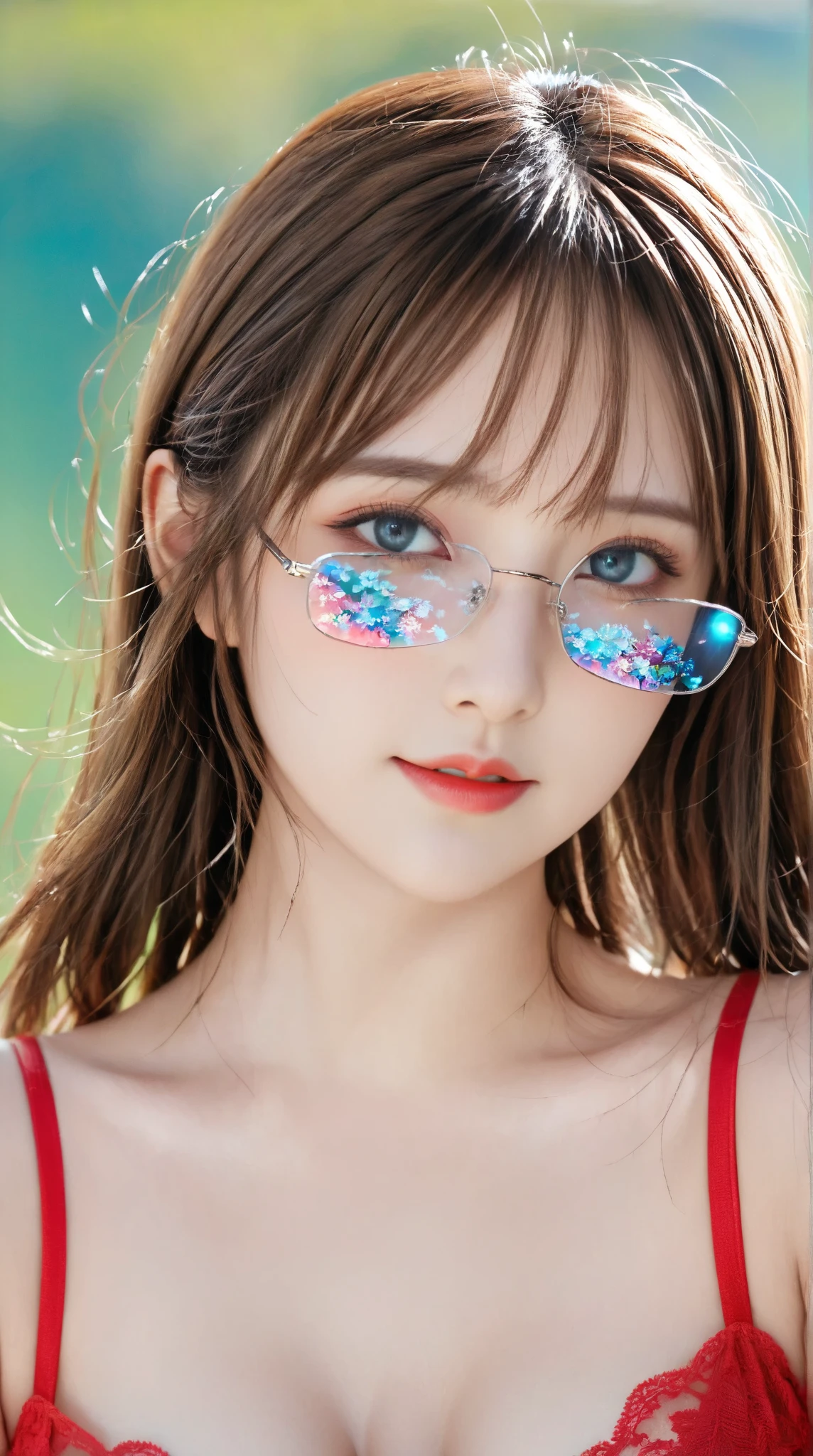 Beautiful and fair、Radiant Skin, 3 Up, Gorgeous, bright, Refreshing and gentle expression, Perfect beautiful face、Beautiful shiny bangs, A very beautiful 1 girl, Eyeliner, Very perfect and beautiful lovely big clear sky blue eyes,Very large breasts,Grooves reveal original skin,Muscular body,Silver glasses,White lace underwear,Hatsune Miku,Elf