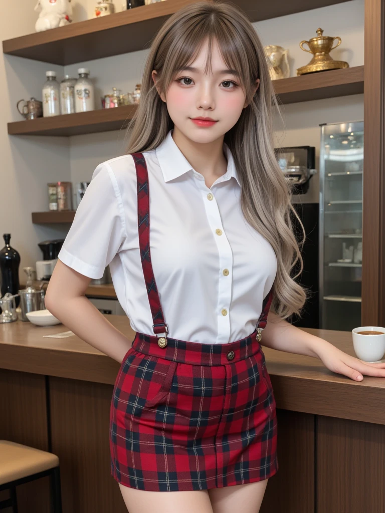 1girl, solo, small breasts, suspender skirt, white shirt, red bowtie, happy