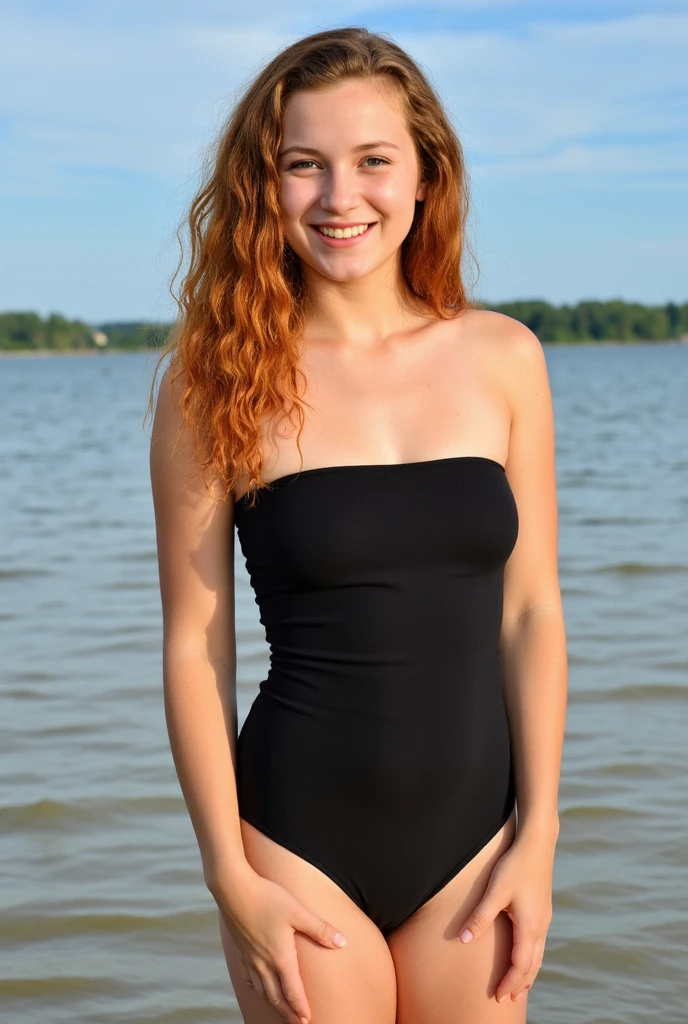 arafed woman in a wet tan bathing suit standing on a beach, short redhead, cute young redhead girl, near a lake, she is walking on a river, redhead girl, lone female goddess, cute girl wearing tank suit, redhead, outdoors, on a lake, hot girl, in lake, ( redhead, cutie, near a small lake