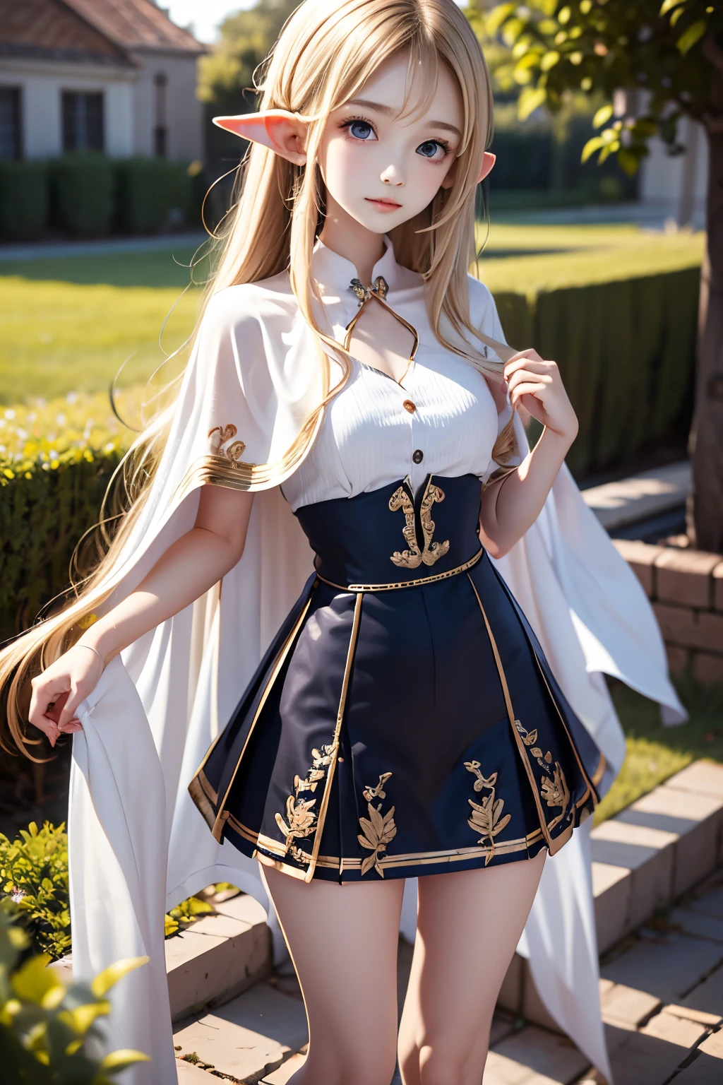 masterpiece,top quality,very detailed,photorealistic,realistic, Ultra High Resolution, Masterpiece,fantasy,Elf Girl,elegant,, very long blonde,thin,Completely,slender,(flat chest),so cute, gorgeous clothes ,hair ornament,gem,embroidery,cape,garden, correct handshake