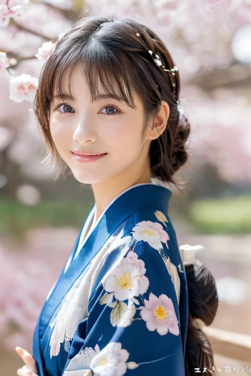 (Light makeup)、(top-quality,​masterpiece:1.3,超A high resolution,),(Ultra-detail,Caustics),(Photorealsitic:1.4,RAW shooting,)Ultra-realistic capture,（32ｋ,high detal,high-detail、​masterpiece,Attention to detail,full body Esbian,solo,Lori：1.6),Raw photo & realistic atmosphere,beautiful dark blue eyes,Detailed mouth,Glossy lips,Detailed eyebrows,Eyes drawn in detail with soft white skin that shines with every detail)、、 (Skin texture is natural、、The skin looks healthy with an even tone、 Use natural light and color, japanese, A dark-haired, long hair,(depth of fields、realisitic、8K UHD、hight resolution、(1girl in:1.2)、The ultra-detailliert、High quality textures、very detailed CG、High quality shadows, A dark-haired、Kyo-Yuzen, Kimono、park background , (Super cute face in idol style:1.4)、slim and beautiful figure、beutiful breast、A smile、full body Esbian:1.2、raining day, wet background,  a Japanese woman in kimono, 20 years old, standing under a sakura tree, standing beside flower,