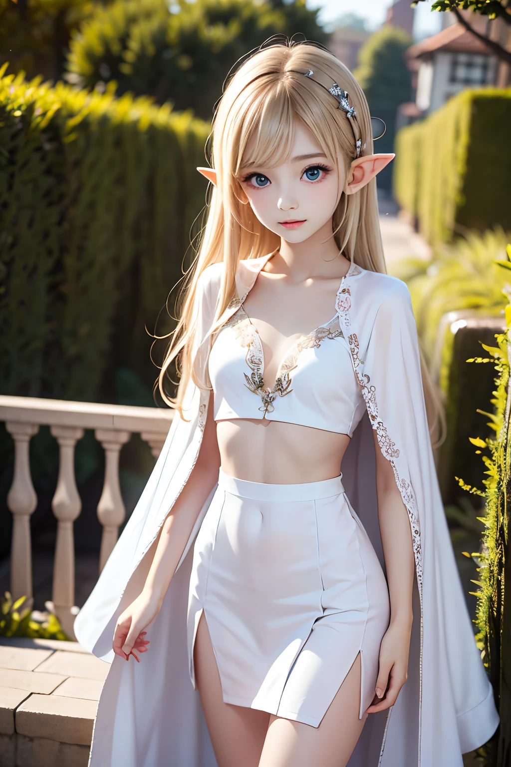 masterpiece,top quality,very detailed,photorealistic,realistic, ultra high resolution, Masterpiece,fantasy,Elf Girl,elegant,, very long blonde,thin,Completely,slender,(flat chest),so cute, gorgeous clothes ,hair ornament,gem,embroidery,cape,garden, correct handshake