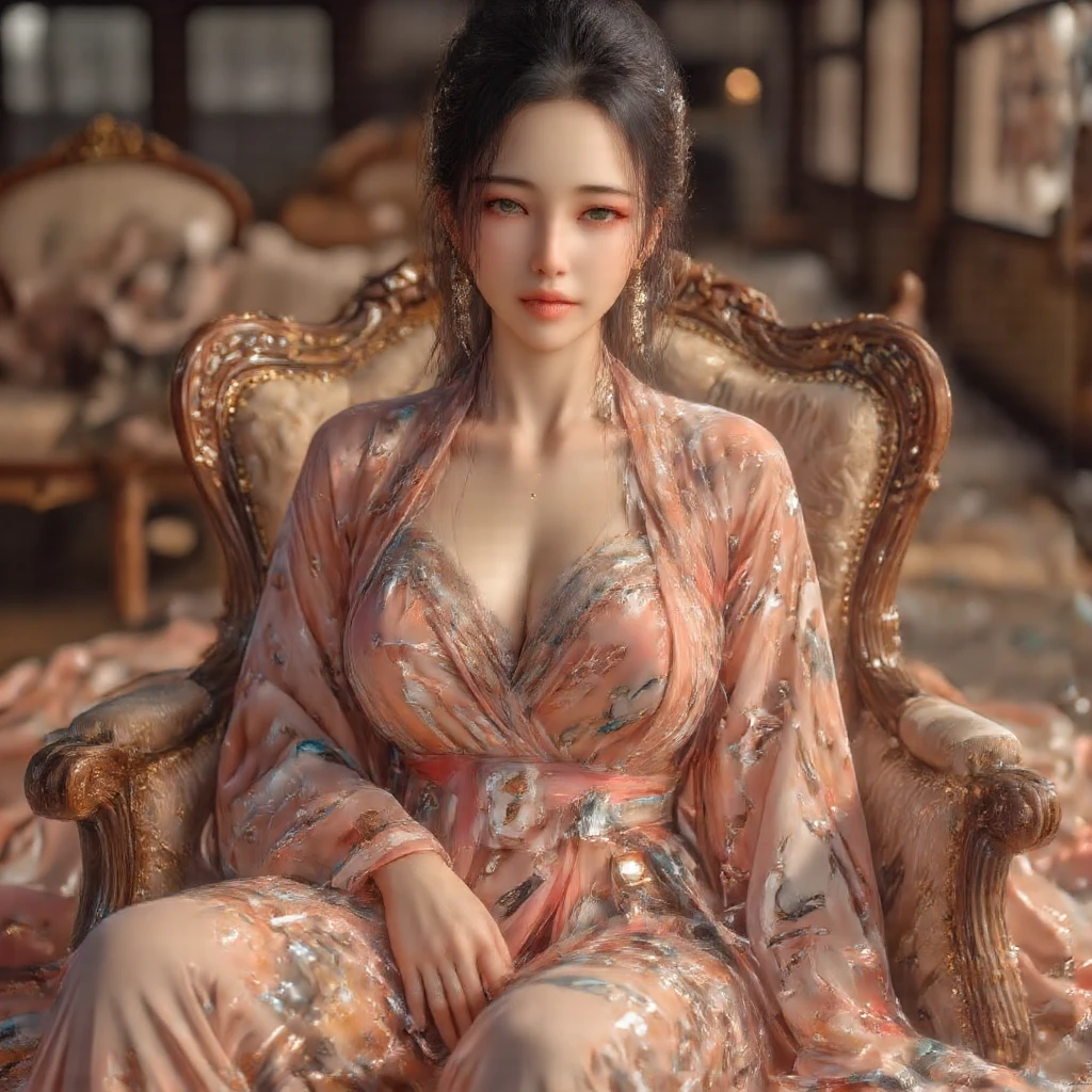 (beautifull lady with very large gigantic round fake breast,  wearing luxurious kimono, elegantly sit on luxury chair, (hand behind head),(luxury pillow), (luxury blanket), (window with luxury frame), (luxury flower vase), (luxury small table and glass of wine), (luxury lamp), (luxury parfume bottle), (luxury ornament on the wall), (braless), (luxury high heels), (luxury crown), (show cleaveage), (show boobs), (show thigh), (gigantic breast:1,9), beautifull face, beautifull eyes, beautifull nose, sexy lips, raytracing, nsfw, beautifull fingers, beautifull hands, sexy belly, , sexy shoulders, sexy legs, sexy hips, (luxury bracelet), (luxury ring), (luxury necklace), white skin, (4 fingers in 1 hand), full body picture, pretty makeup, good lighting, realistic shadow, professional photography, blue and gold color scheme, 2k resolution, perfect anatomy, nsfw, (masterpiece, best quality:1.2),(8k,highres,RAW photo,realistic,photo-realistic:1.3),(detailed skin texture,detailed cloth texture,beautiful detailed face:1.25),professional lighting,photon mapping,beautiful soft light,radiosity,physically-based rendering,raytracing, model shoot style, model shoot style, (extremely detailed CG unity 8k wallpaper), full shot body photo of the most beautiful
artwork in the world,