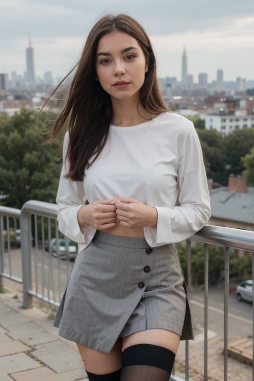 top-quality、masterpiece、超A high resolution、(realisitic:1.4)、Beautuful Women1、Beautiful detail eyes、smile、Light brown short-cut hair, She is Wearing a shirt and long pants posing for a photo, gorgeous chinese model, photo of girl model, IG-Modell, beautiful female model, on the street, turtleneckshirt, white shirt, long tight pants, large breast