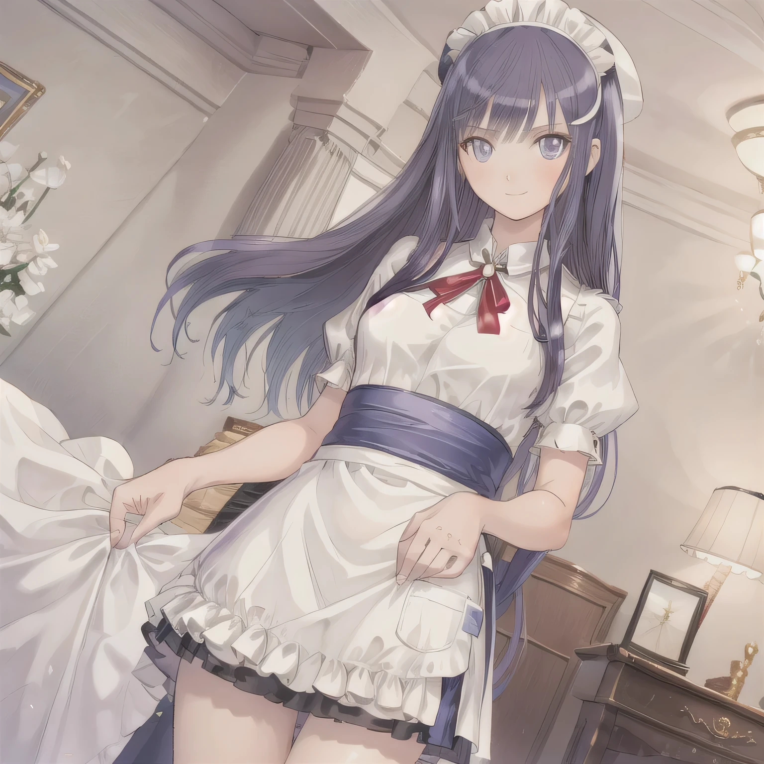 A breathtakingly beautiful 20-year-old woman stands in an opulent mansion room, dressed in a classic black-and-white maid outfit with a short hem and a white brim cap. Her confident smile radiates warmth. The room features elegant furnishings and decor befitting a grand estate, bathed in soft, natural lighting that enhances the sophisticated ambiance. Purple hair, long hair, purple eyes. 