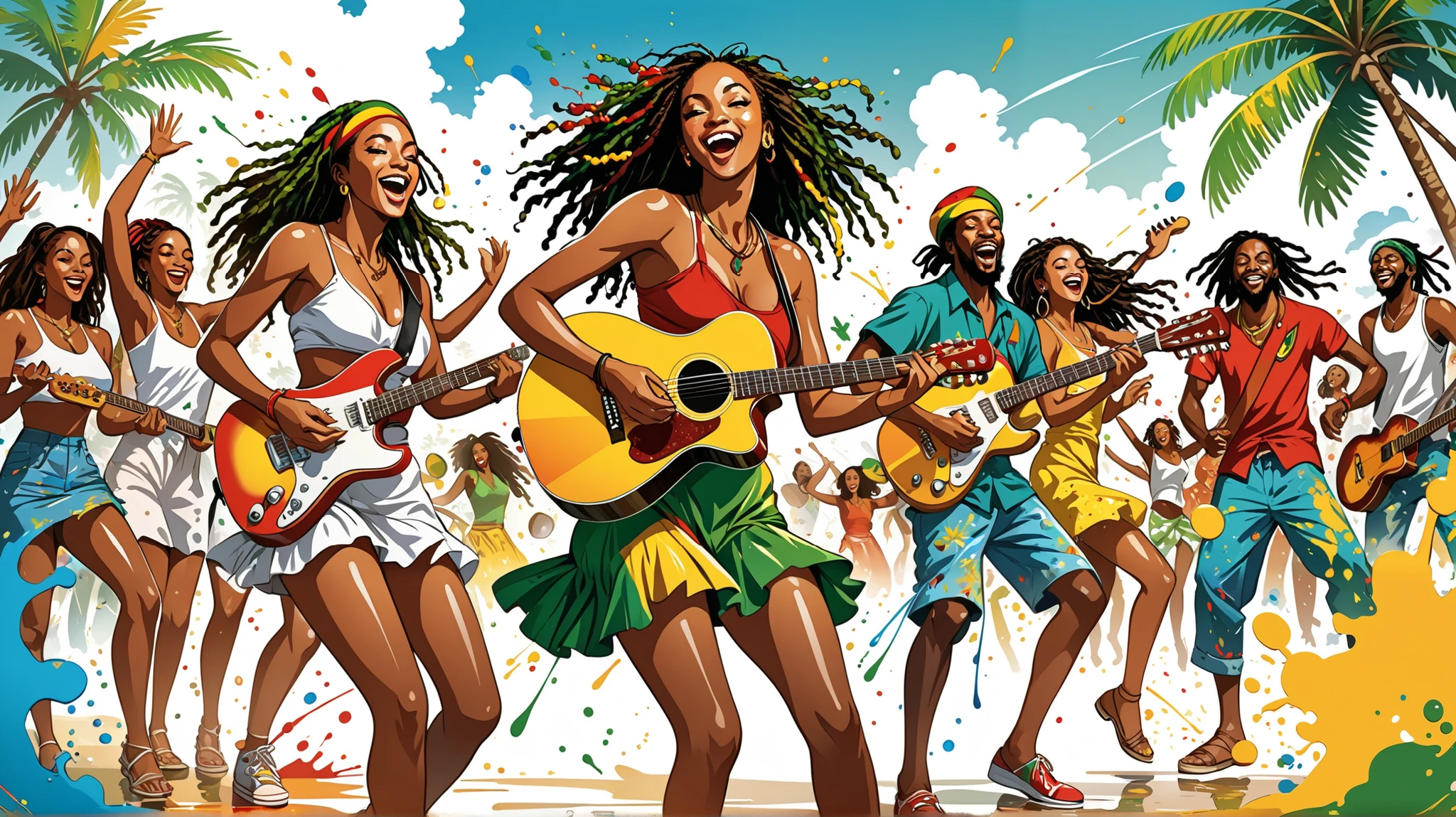 「Imagine a Caribbean sunset under palm trees.., With a reggae band playing. Two men and a woman dancing to music,Bright Rastafarian style clothing. Draw the ocean breeze blowing through, Create a fun atmosphere.