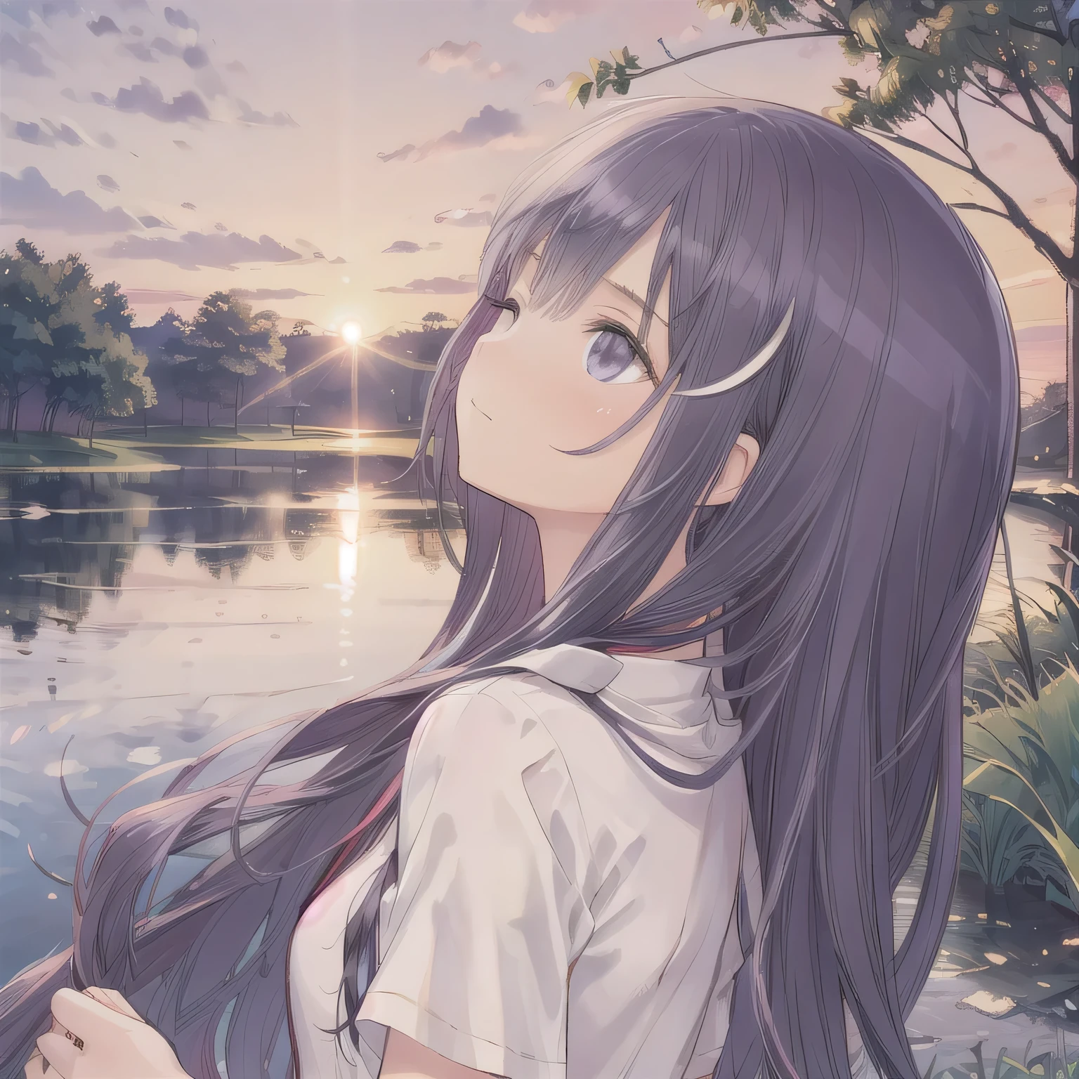 A breathtakingly beautiful 20-year-old woman stands in a lush green park at sunset, bathed in the warm golden light of the evening sun. Facing forward, her eyes gently closed, cheeks slightly flushed, and her face tilted upward as if anticipating a kiss, she embodies serenity and romance. The soft hues of the sunset complement the tranquil surroundings, enriching the dreamy atmosphere. Purple hair, long hair, purple eyes.
