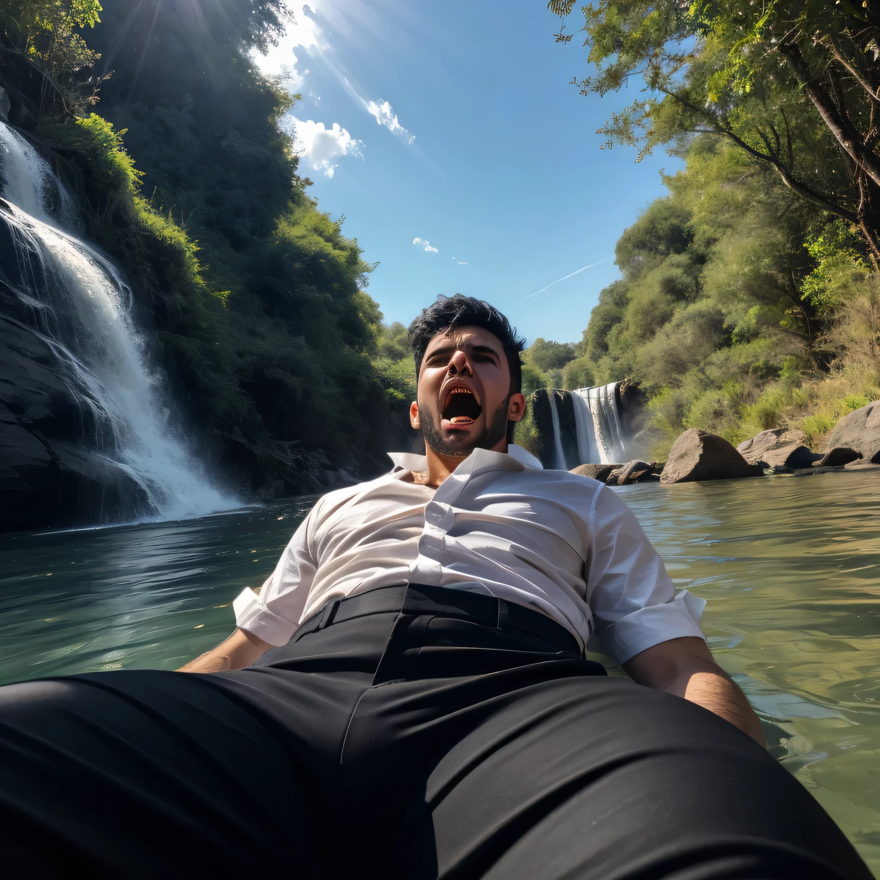 29 years old、handsome guy ,  2 guys,white shirt。black tie、 black hair、Short Hair、Natural short hair perm、 in the woods、waterfall slide　In the water、 as seen from below。　up your upper body 　 Menacing look　　black slim pants looking into the ocean　　 black gloves、　up your upper body　black slim pants　 as seen from below。　up your upper body　Iraqi Faces　　black slim pants looking into the ocean　　Dark Stubborn　up your upper body　　Dark Stubborn　Dark Stubborn　camera　Running up　Coming over here 　lying down　Screaming
